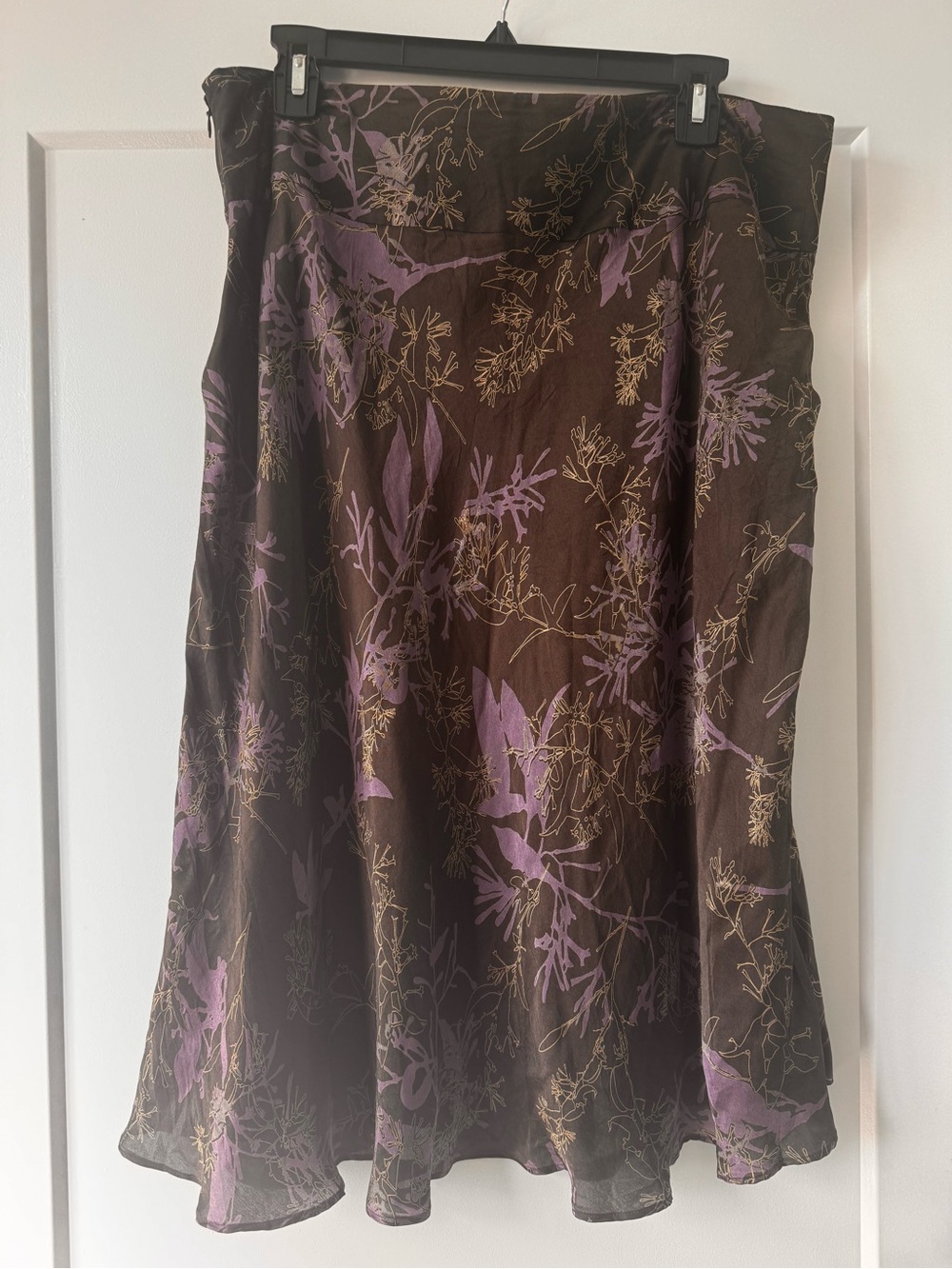 Vintage 2000s Calvin Klein Brown Silk Midi Skirt with Lavender Floral Print